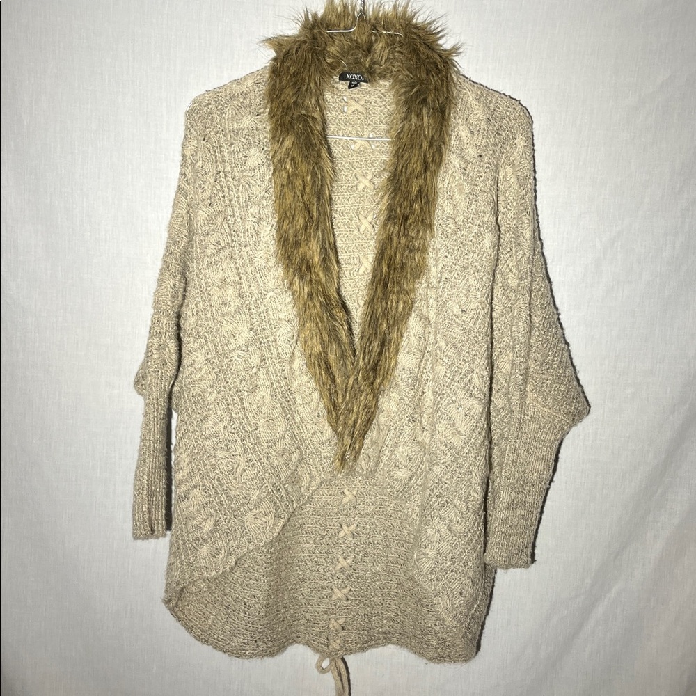 XOXO Women Batwing Sleeve Faux Fur Collar Sweater Knit Cardigan